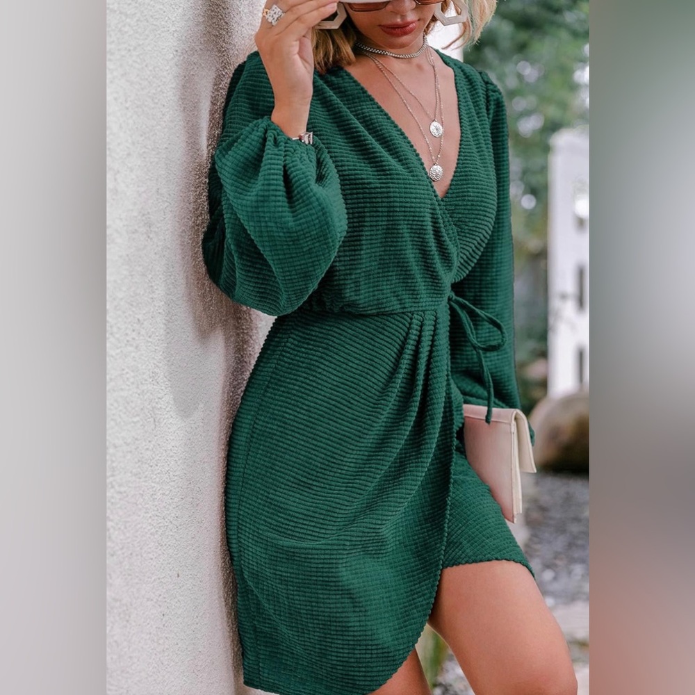 Green Corduroy Balloon Sleeve V Neck Wrap Mini Dress